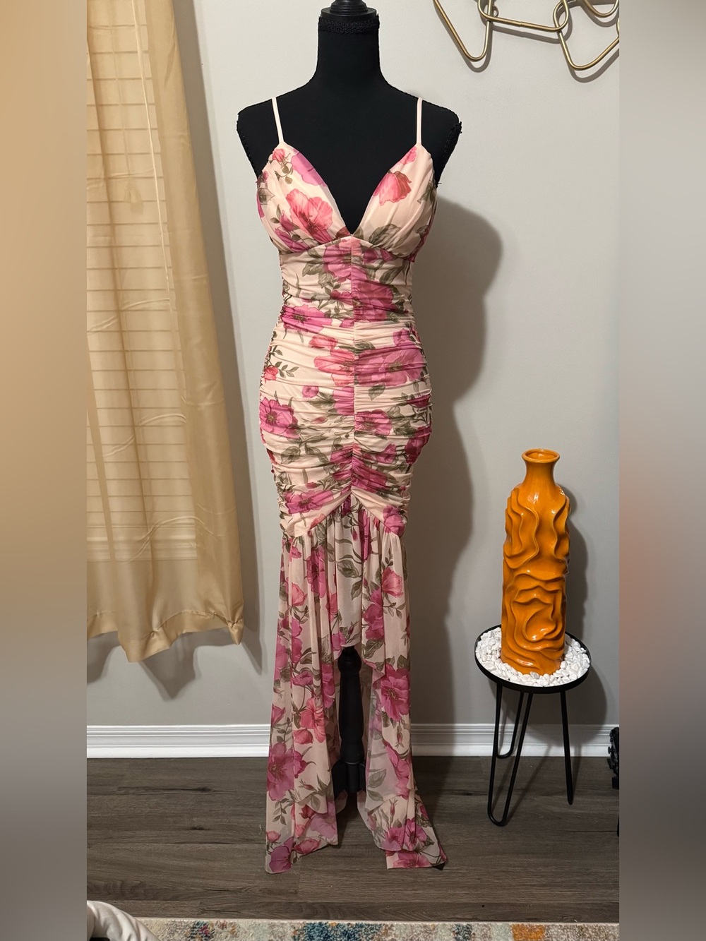 Floral Ruched Maxi Dress with Spaghetti Straps - Pink Floral